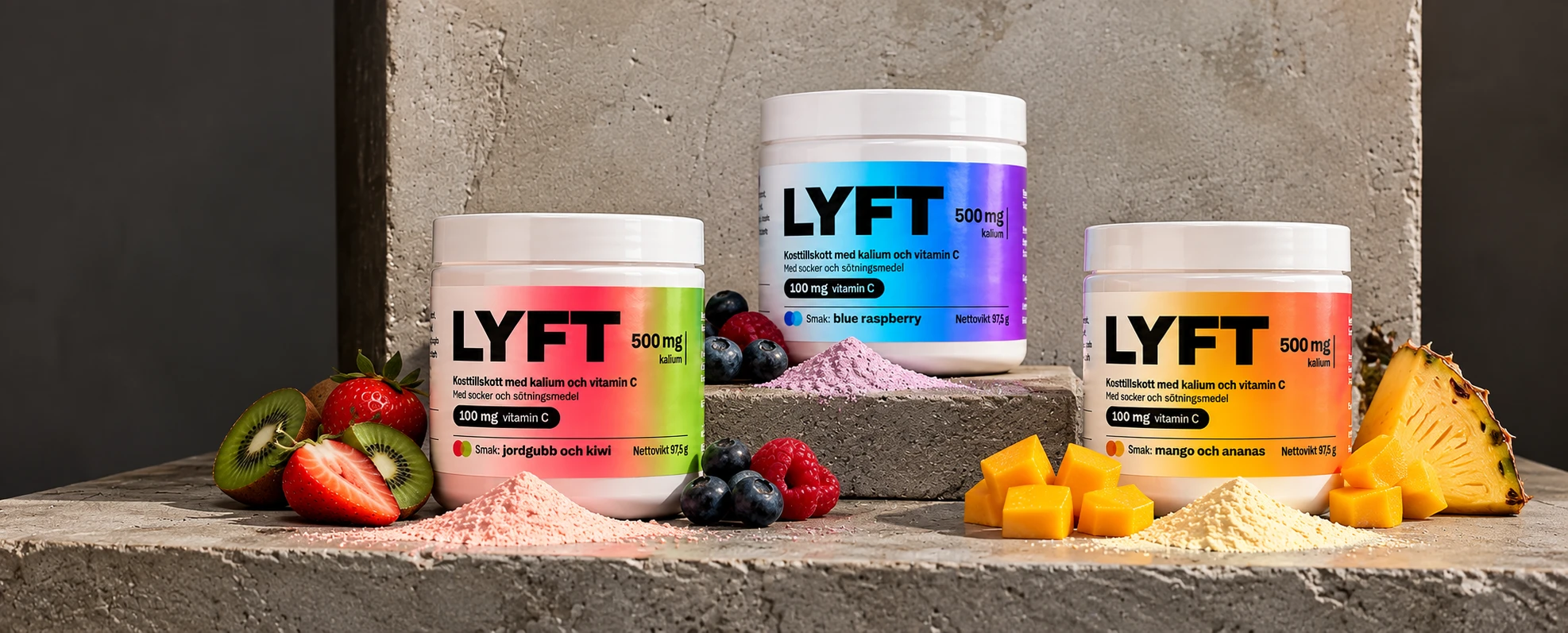 LYFT i tre smaker: jordgubb och kiwi, blue raspberry och mango och ananas